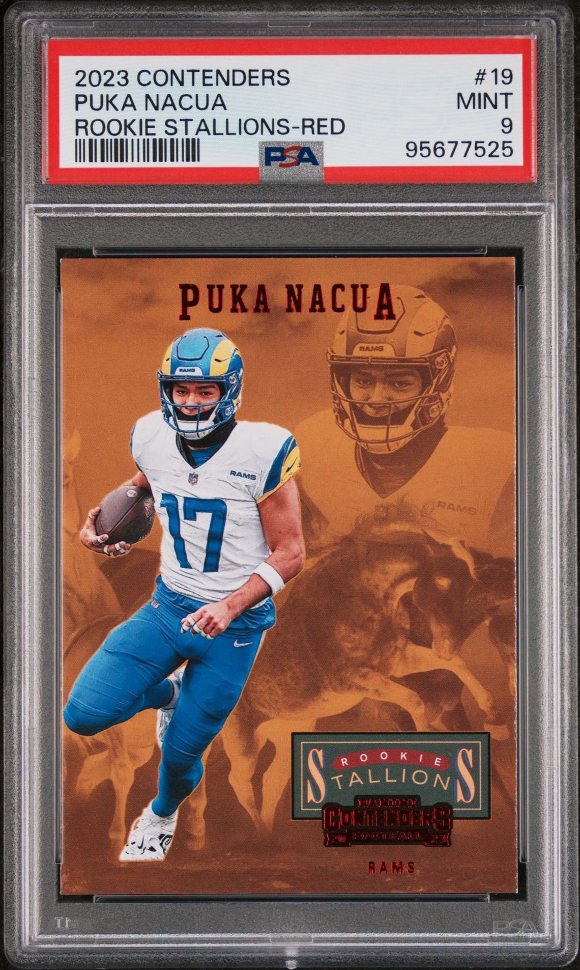 Puka Nacua #19 (Rookie Card) – 2023 Panini Contenders Rookie Stallions Red PSA 9