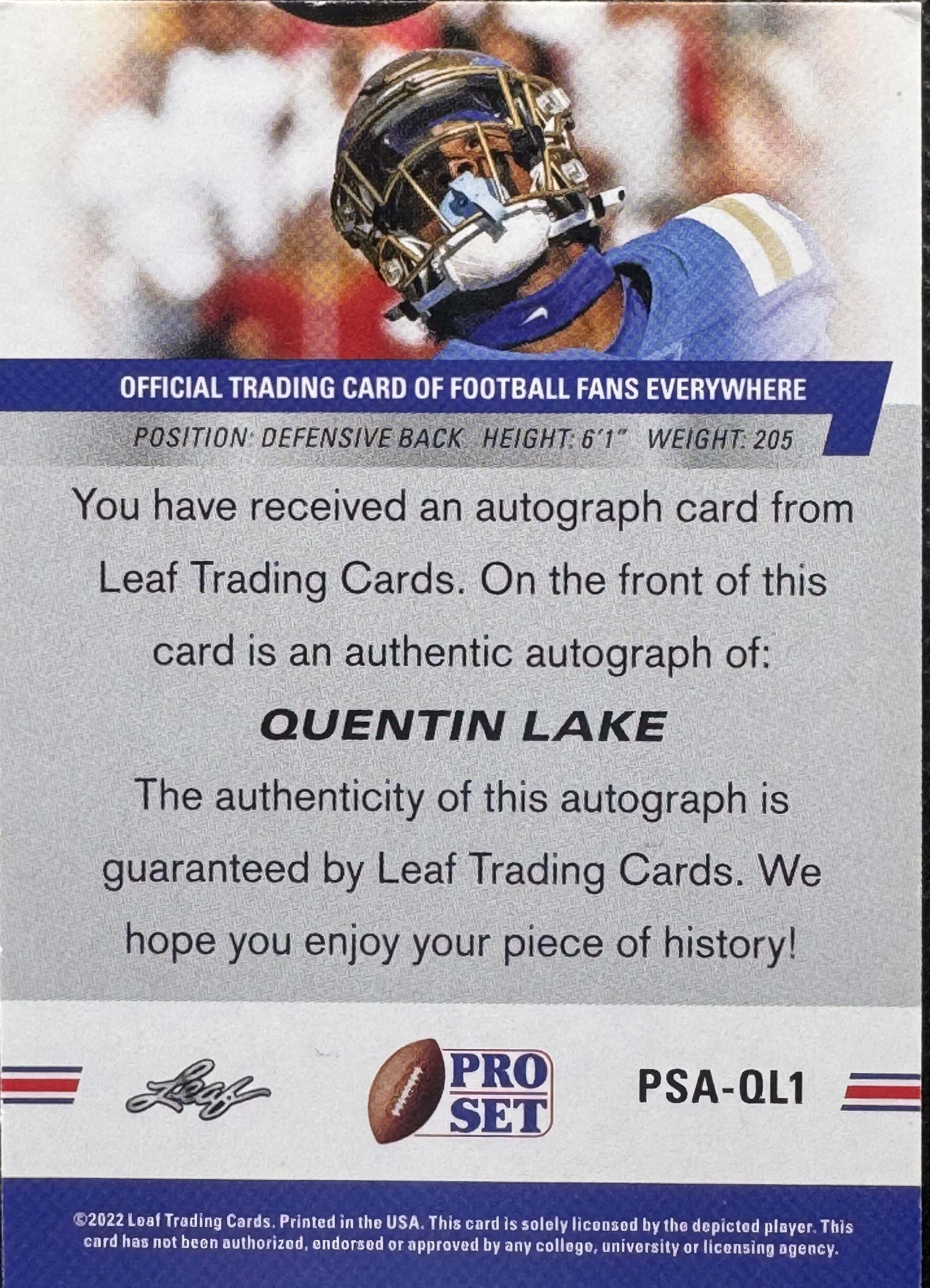 Quentin Lake #PSA-QL1 (Rookie Card) (Auto) – 2022 Leaf Pro Set Draft - Image 2